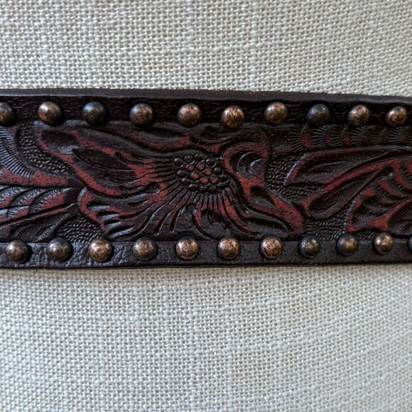 Western Tooled Leather Rhinestone Buckle Belt Brown Studded Small - Picture 3 of 8